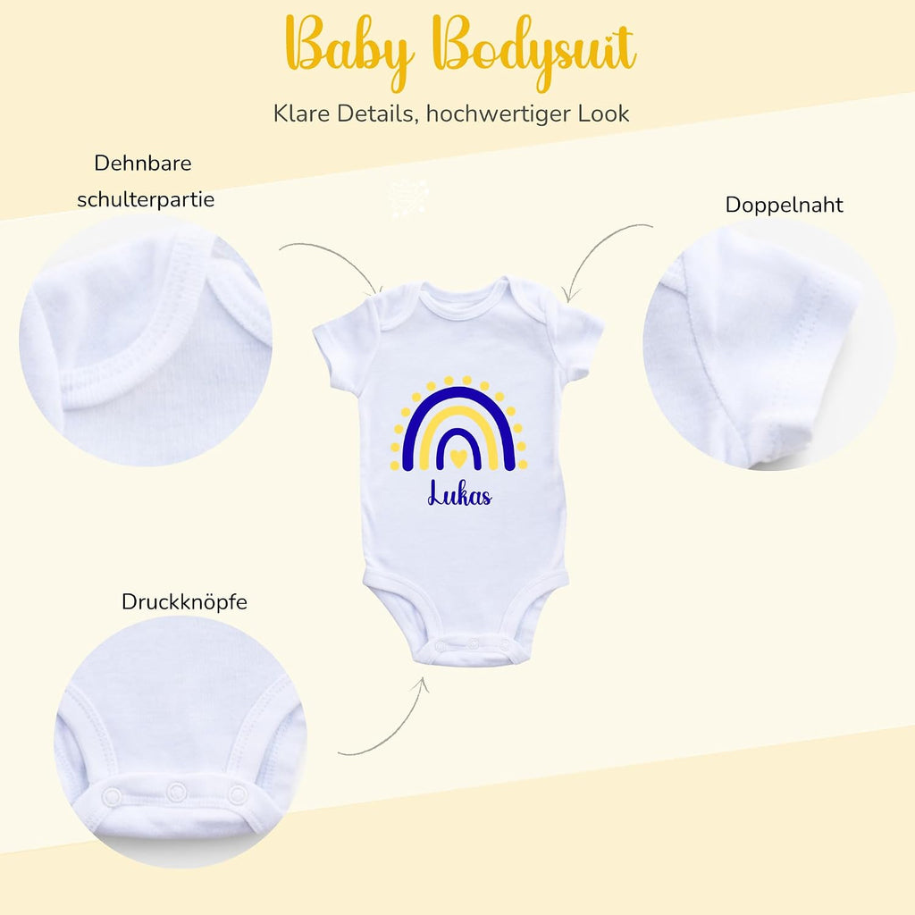 Personalisierter Baby Body mit Name Kurzarm – 100% Bio-Baumwolle OEKO-TEX – Boho Regenbogen Schwangerschaftsverkündung & Geschenk zur Geburt – Veredelt in Deutschland