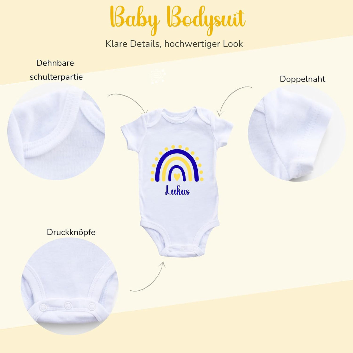 Personalisierter Baby Body mit Name Kurzarm – 100% Bio-Baumwolle OEKO-TEX – Boho Regenbogen Schwangerschaftsverkündung & Geschenk zur Geburt – Veredelt in Deutschland