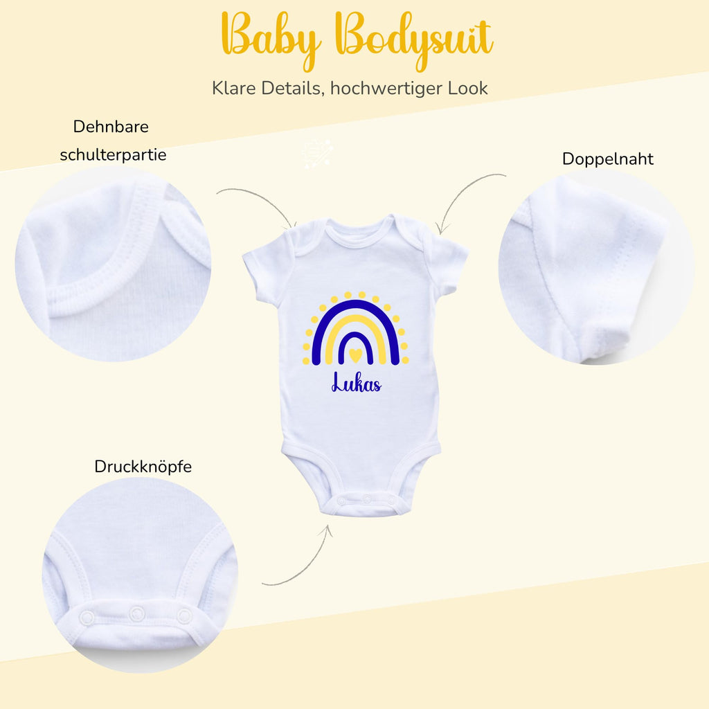 Personalisierter Baby Body mit Name Kurzarm – 100% Bio-Baumwolle OEKO-TEX – Boho Regenbogen Schwangerschaftsverkündung & Geschenk zur Geburt – Veredelt in Deutschland
