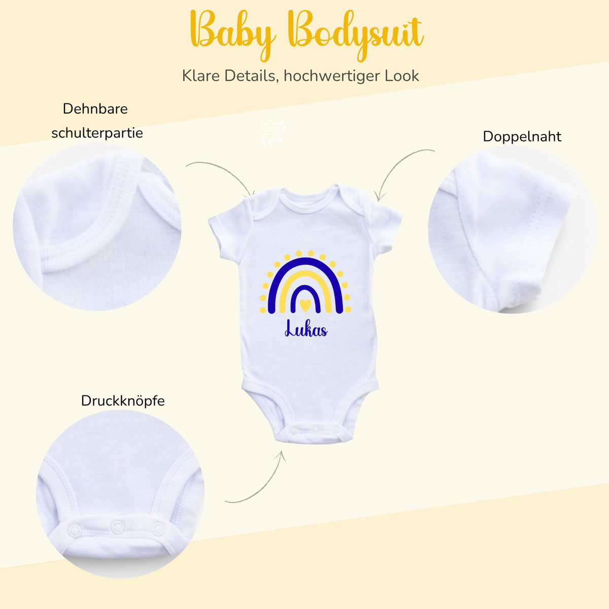 Personalisierter Baby Body mit Name Kurzarm – 100% Bio-Baumwolle OEKO-TEX – Boho Regenbogen Schwangerschaftsverkündung & Geschenk zur Geburt – Veredelt in Deutschland