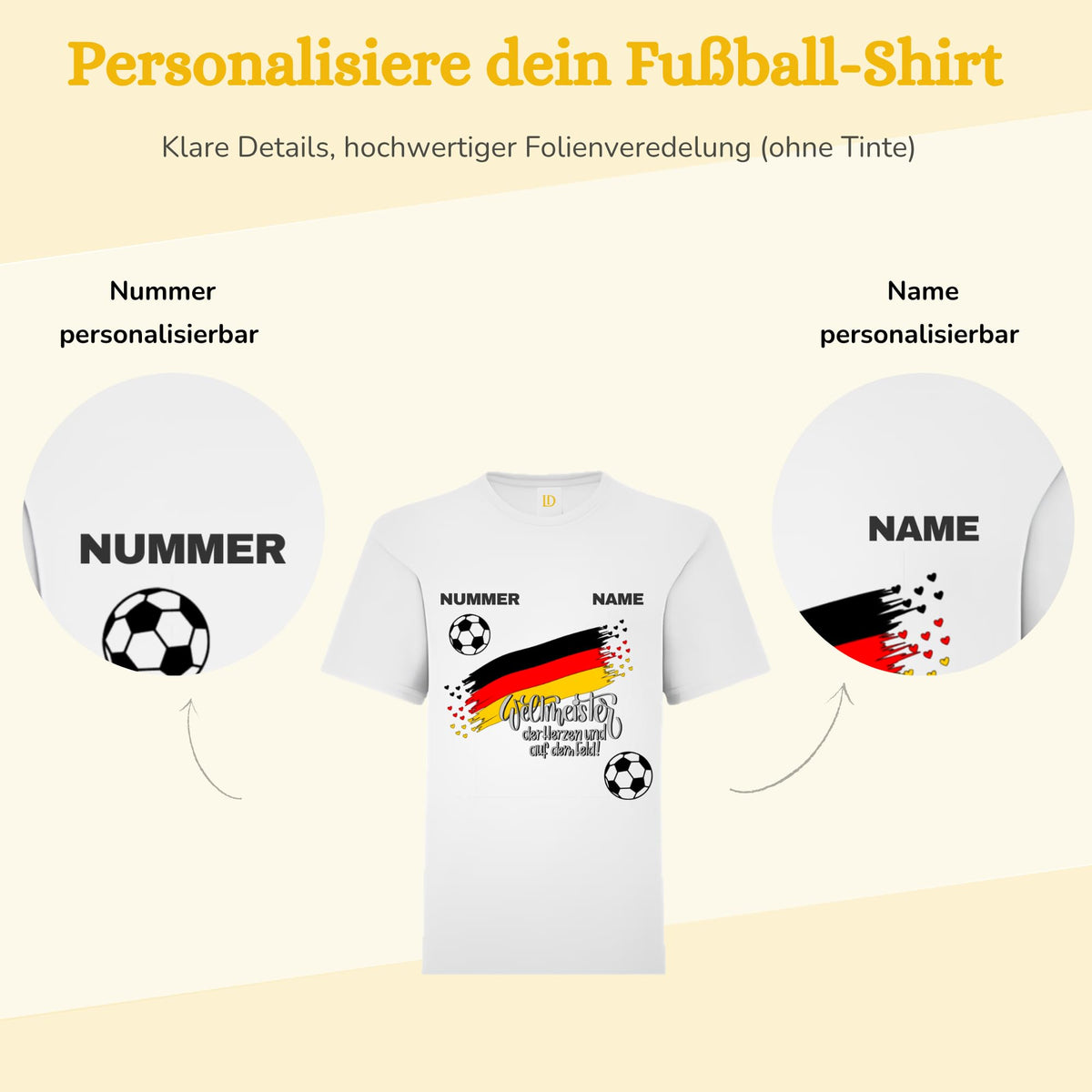 Personalisiertes Kinder Deutschland Fußball T-Shirt mit Name & Nummer – Fan Shirt Jungen MädchenFanTrikot – Folienveredelung