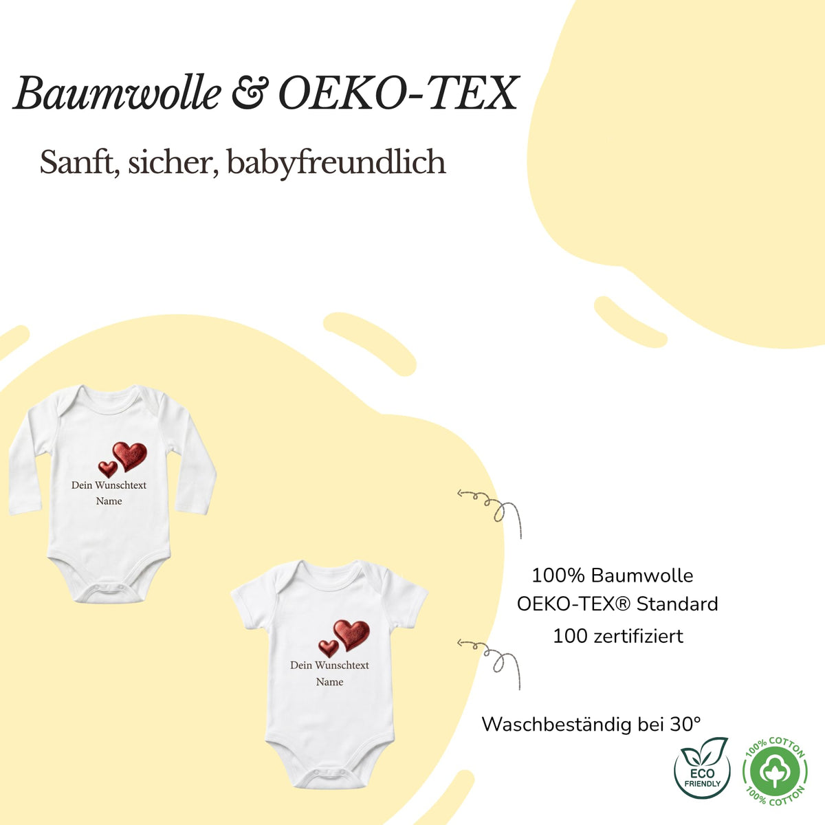 Baby body Strampler selbst gestalten personalisiert mit Namen – 3D Puff Herz aus Bio-Baumwolle –Geschenk zur Geburt, Babyshower & Taufe, Unisex