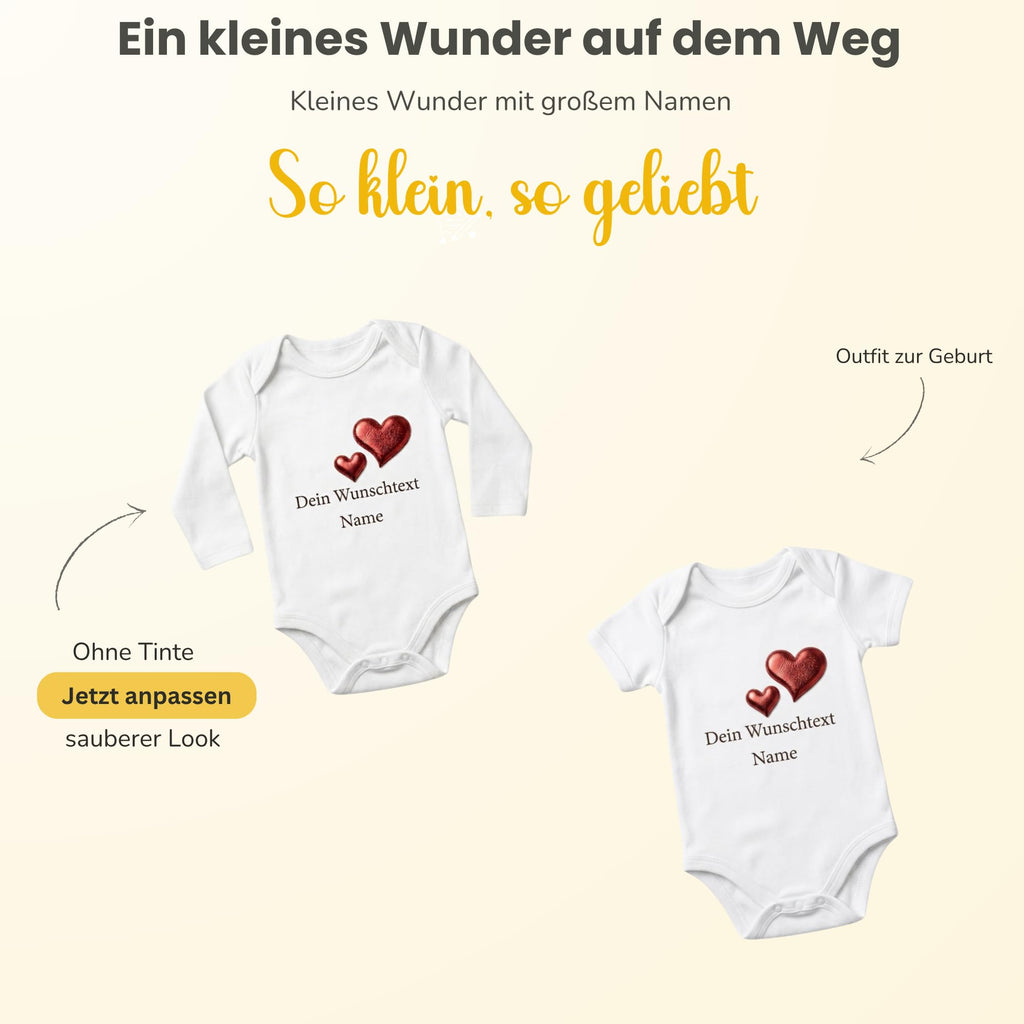 Baby body Strampler selbst gestalten personalisiert mit Namen – 3D Puff Herz aus Bio-Baumwolle –Geschenk zur Geburt, Babyshower & Taufe, Unisex