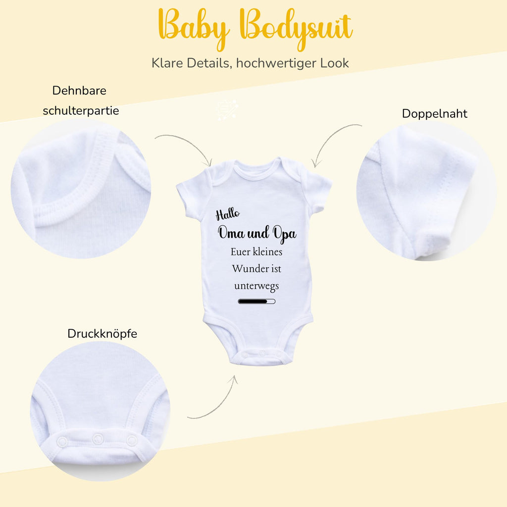 Baby Body – Schwangerschaftsverkündung Strampler – Mama, Papa, Oma & Opa- sprüchen – Kurzarm bio Baumwolle Unisex - Geschenk zur Geburt & Baby Ankündigung neugeborene Geschenk (50-56)