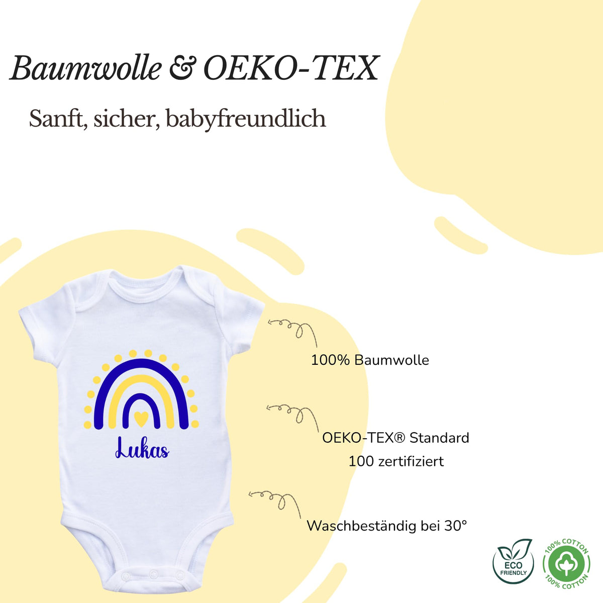 Personalisierter Baby Body mit Name Kurzarm – 100% Bio-Baumwolle OEKO-TEX – Boho Regenbogen Schwangerschaftsverkündung & Geschenk zur Geburt – Veredelt in Deutschland