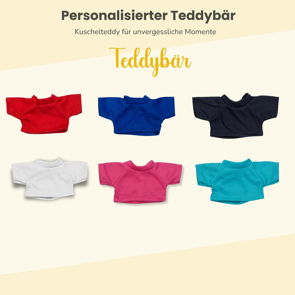 Personalisiertes Kuscheltier Teddybär mit bedrucktem Mini-T-Shirt – Eigenes Foto (nur weißes Shirt) oder Wunschtext – TÜV & EN 71 geprüft, Geschenk Geburt & Taufe (Weiß, S (ca. 18/26 cm))