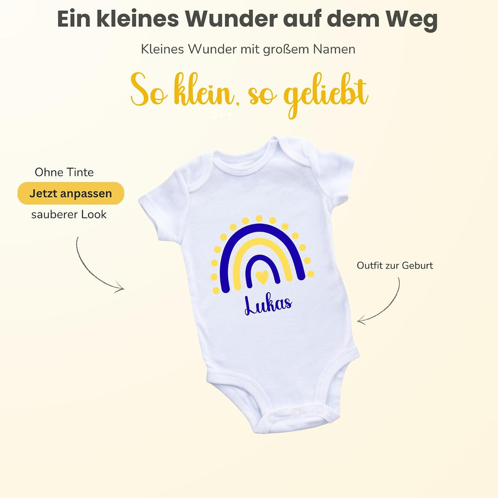 Personalisierter Baby Body mit Name Kurzarm – 100% Bio-Baumwolle OEKO-TEX – Boho Regenbogen Schwangerschaftsverkündung & Geschenk zur Geburt – Veredelt in Deutschland