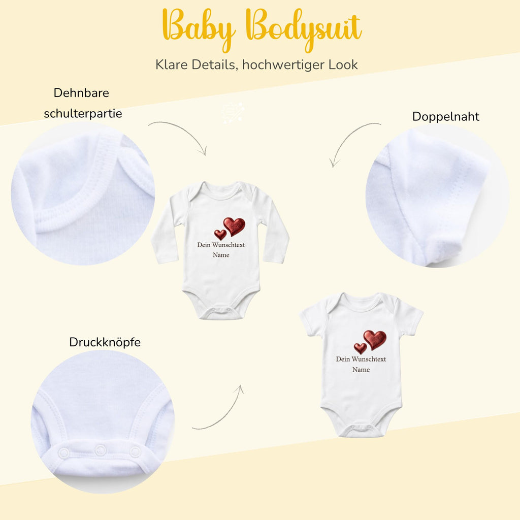 Baby body Strampler selbst gestalten personalisiert mit Namen – 3D Puff Herz aus Bio-Baumwolle –Geschenk zur Geburt, Babyshower & Taufe, Unisex