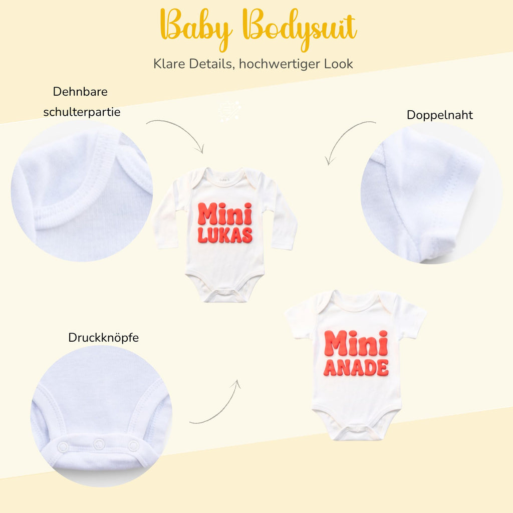 Baby body Strampler selbst gestalten personalisiert mit Namen – 3D Puff Herz aus Bio-Baumwolle –Geschenk zur Geburt, Babyshower & Taufe, Unisex
