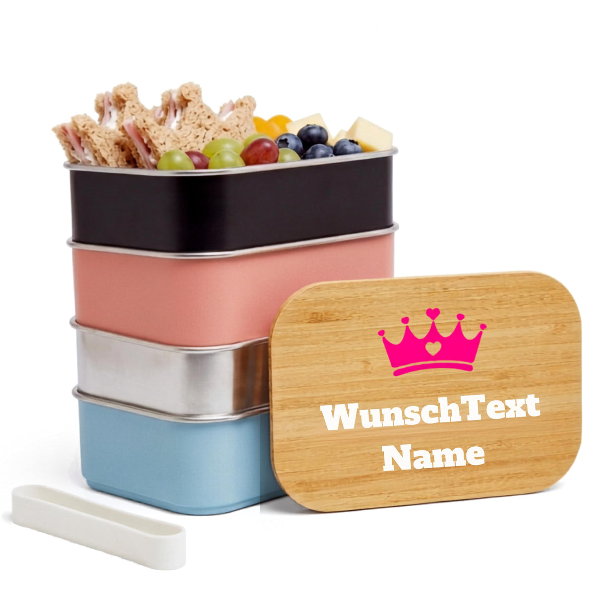Personalisierte Brotdose Kinder mit Name & Motiv – 800ml Edelstahl Lunchbox mit Bambusdeckel (18x11x6,4 cm) – Auslaufsicher – Vesperdose Kindergarten & Schule (Hellrosa, Wunschtext/Bild)