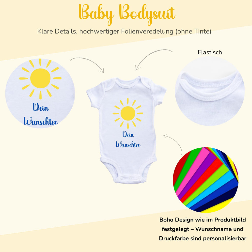 Personalisierter Baby Body mit Name Kurzarm – 100% Bio-Baumwolle OEKO-TEX – Boho Regenbogen Schwangerschaftsverkündung & Geschenk zur Geburt – Veredelt in Deutschland