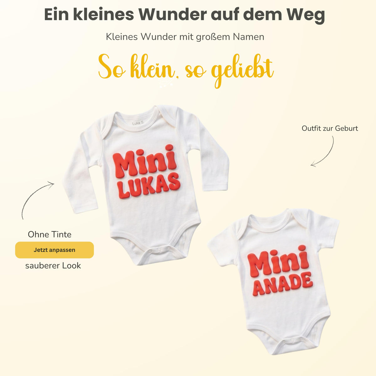 Baby body Strampler selbst gestalten personalisiert mit Namen – 3D Puff Herz aus Bio-Baumwolle –Geschenk zur Geburt, Babyshower & Taufe, Unisex
