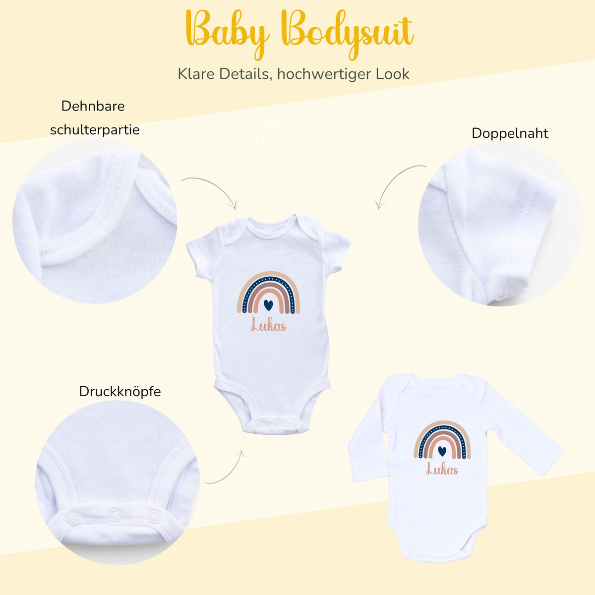 Baby Body personalisiert mit Name – Boho Regenbogen – Schwangerschaft& Baby Ankündigung–Geschenk zur Geburt,Folienveredelung ohne Tinte