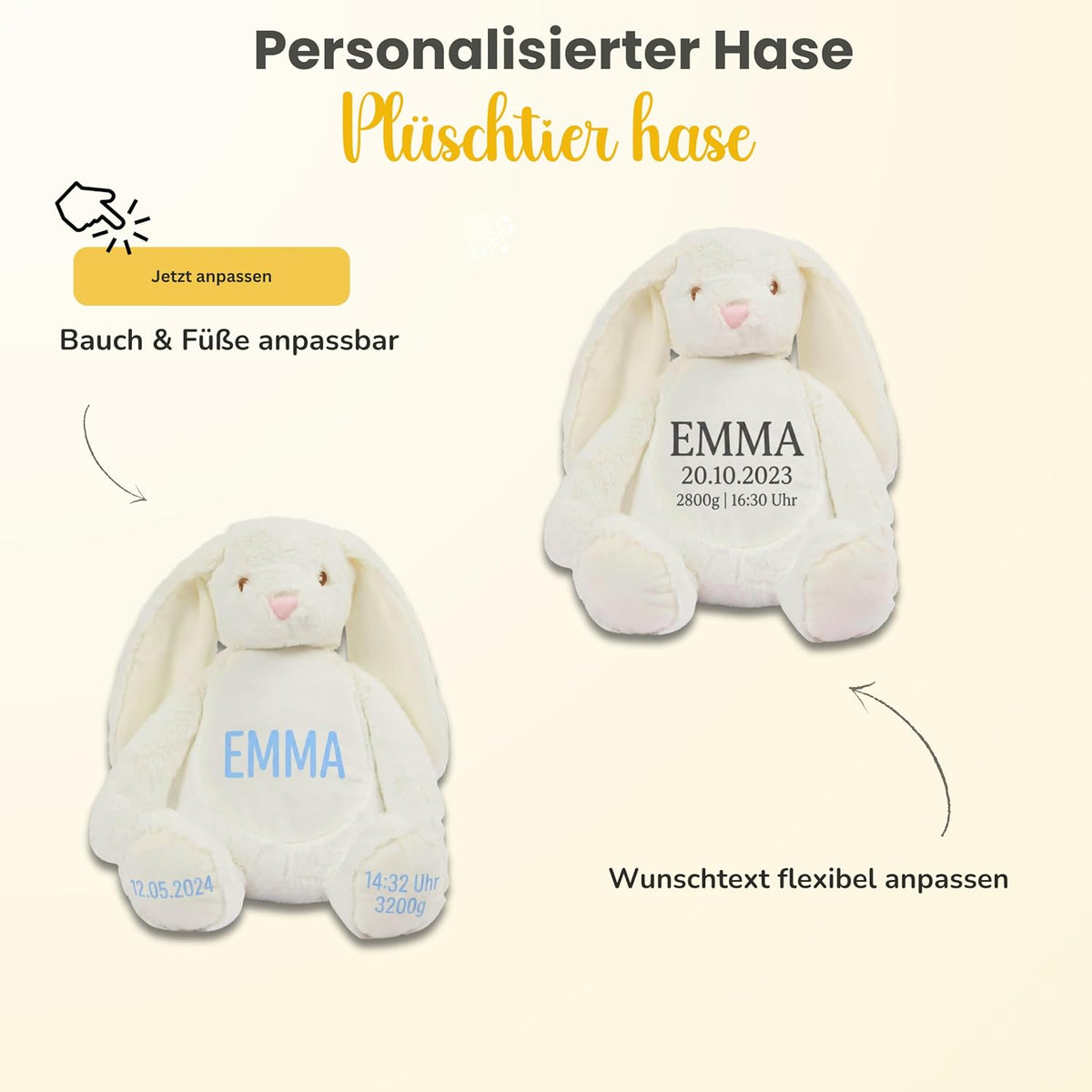 Personalisiertes Kuscheltier mit Namen & Wunschtext | Stofftier Hase Geschenk zu Geburt, Taufe, Prüfung & Geburtstag | Plüschtier für Babys & Erwachsene (42 cm, EN71) (Cream, Wunschtext)