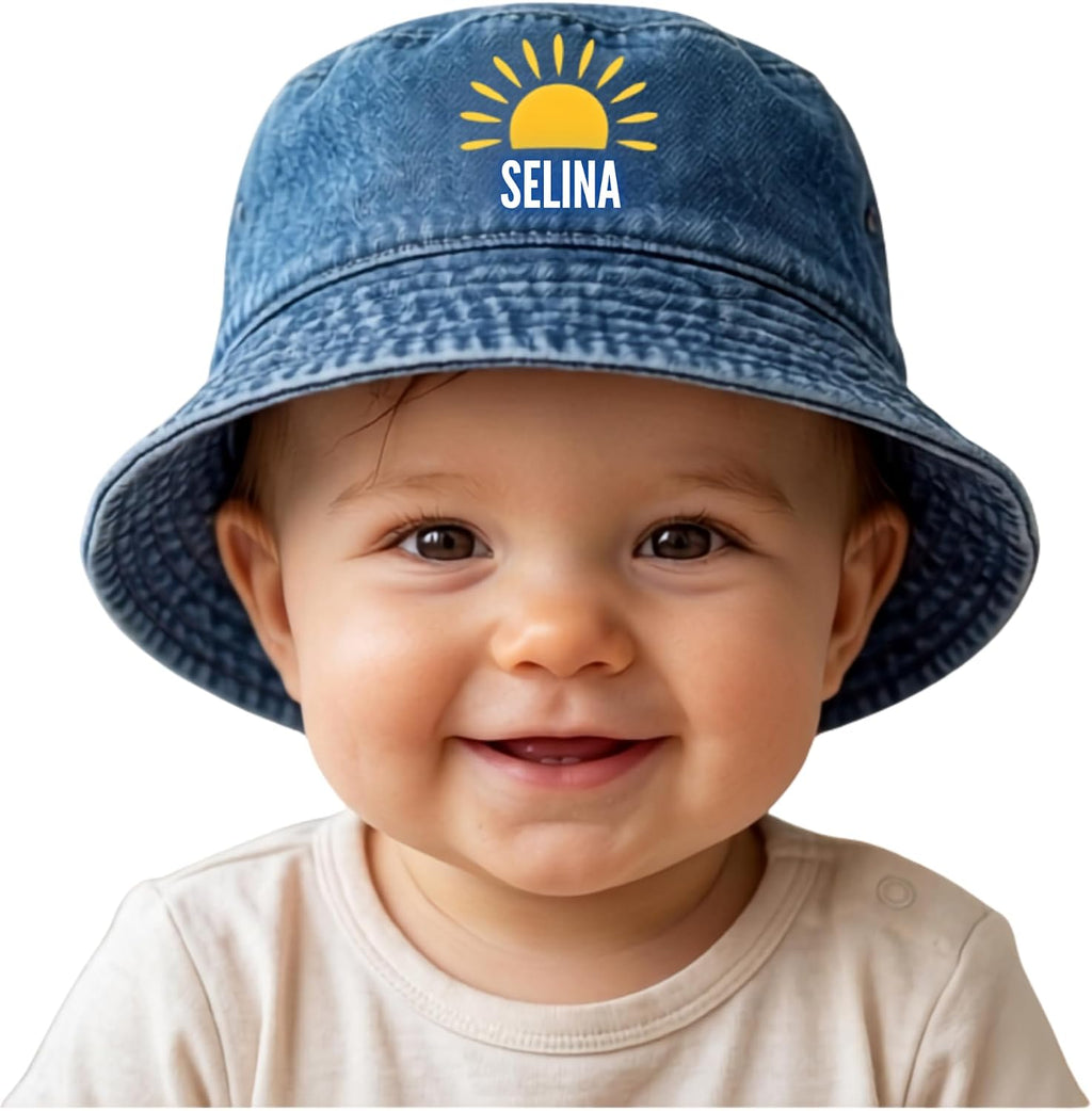 Baby Sonnenhut Personalisiert mit Wunschname- UPF 50+– 100% Bio-Baumwolle Denim Fischerhut, Atmungsaktiv (48-50 cm) Jeans-Fischerhut