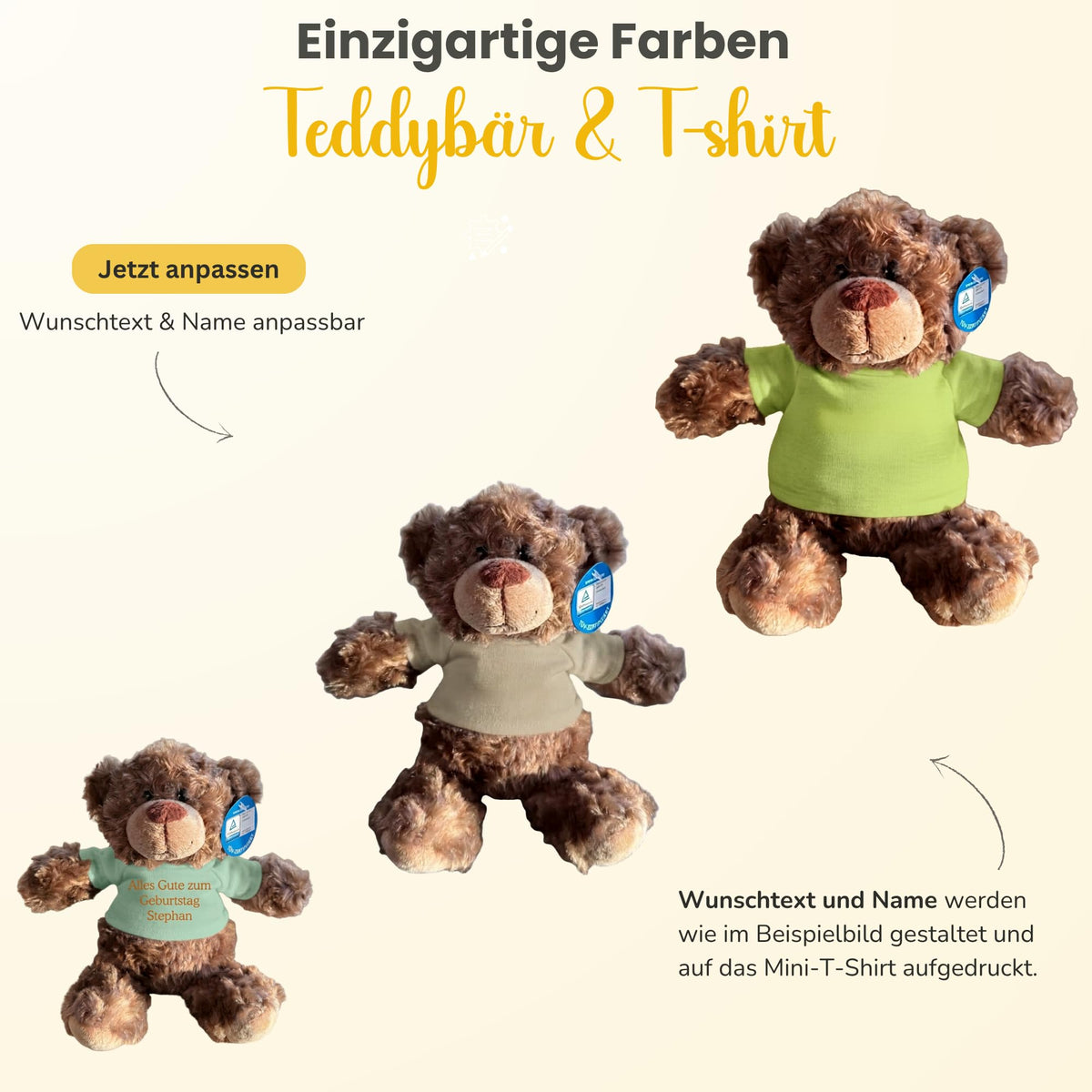 Personalisiertes Kuscheltier Teddybär mit bedrucktem Mini-T-Shirt – Eigenes Foto (nur weißes Shirt) oder Wunschtext – TÜV & EN 71 geprüft, Geschenk Geburt & Taufe (Weiß, S (ca. 18/26 cm))