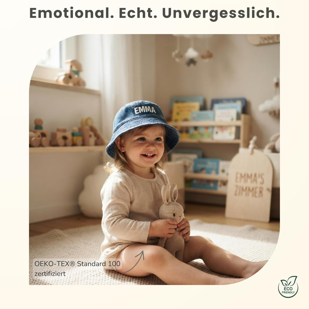 Baby Sonnenhut Personalisiert mit Wunschname- UPF 50+– 100% Bio-Baumwolle Denim Fischerhut, Atmungsaktiv (48-50 cm) Jeans-Fischerhut