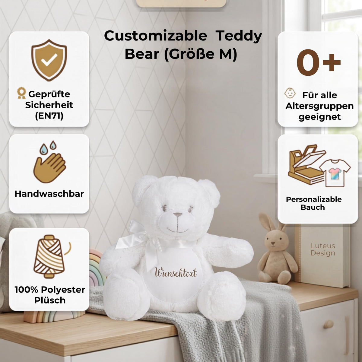 Personalisiertes Kuscheltier Teddybär mit Wunschtext – Rosa – Geschenk zur Geburt, Babyparty & Taufe – EN71 Geprüftes Plüschtier ab 0 Monaten