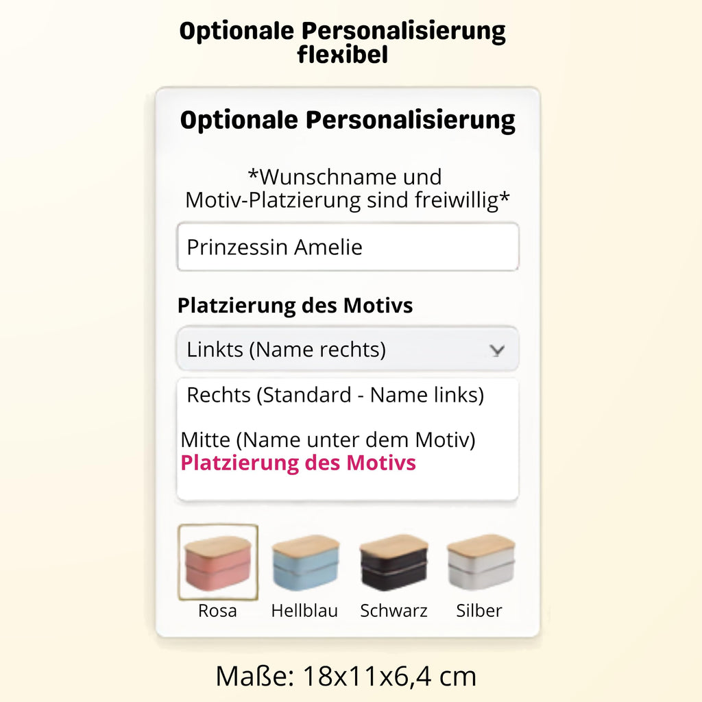 Personalisierte Brotdose Kinder mit Name & Motiv – 800ml Edelstahl Lunchbox mit Bambusdeckel (18x11x6,4 cm) – Auslaufsicher – Vesperdose Kindergarten & Schule (Hellrosa, Wunschtext/Bild)