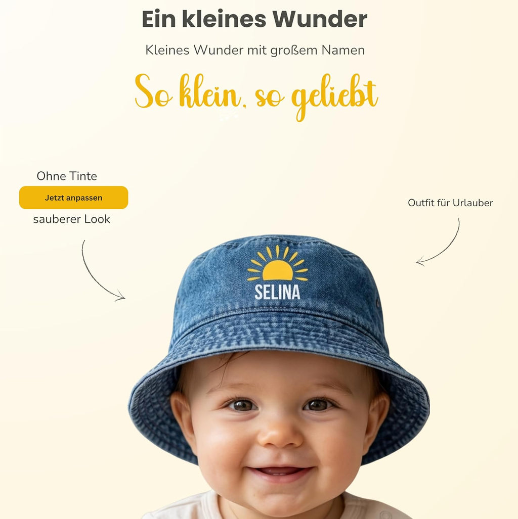 Baby Sonnenhut Personalisiert mit Wunschname- UPF 50+– 100% Bio-Baumwolle Denim Fischerhut, Atmungsaktiv (48-50 cm) Jeans-Fischerhut