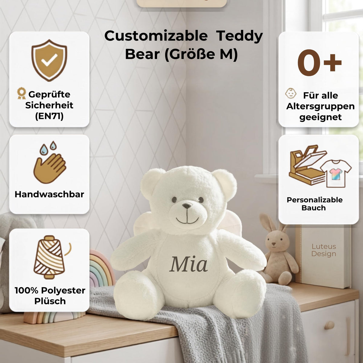 Personalisiertes Kuscheltier Teddybär mit Wunschtext – Rosa – Geschenk zur Geburt, Babyparty & Taufe – EN71 Geprüftes Plüschtier ab 0 Monaten