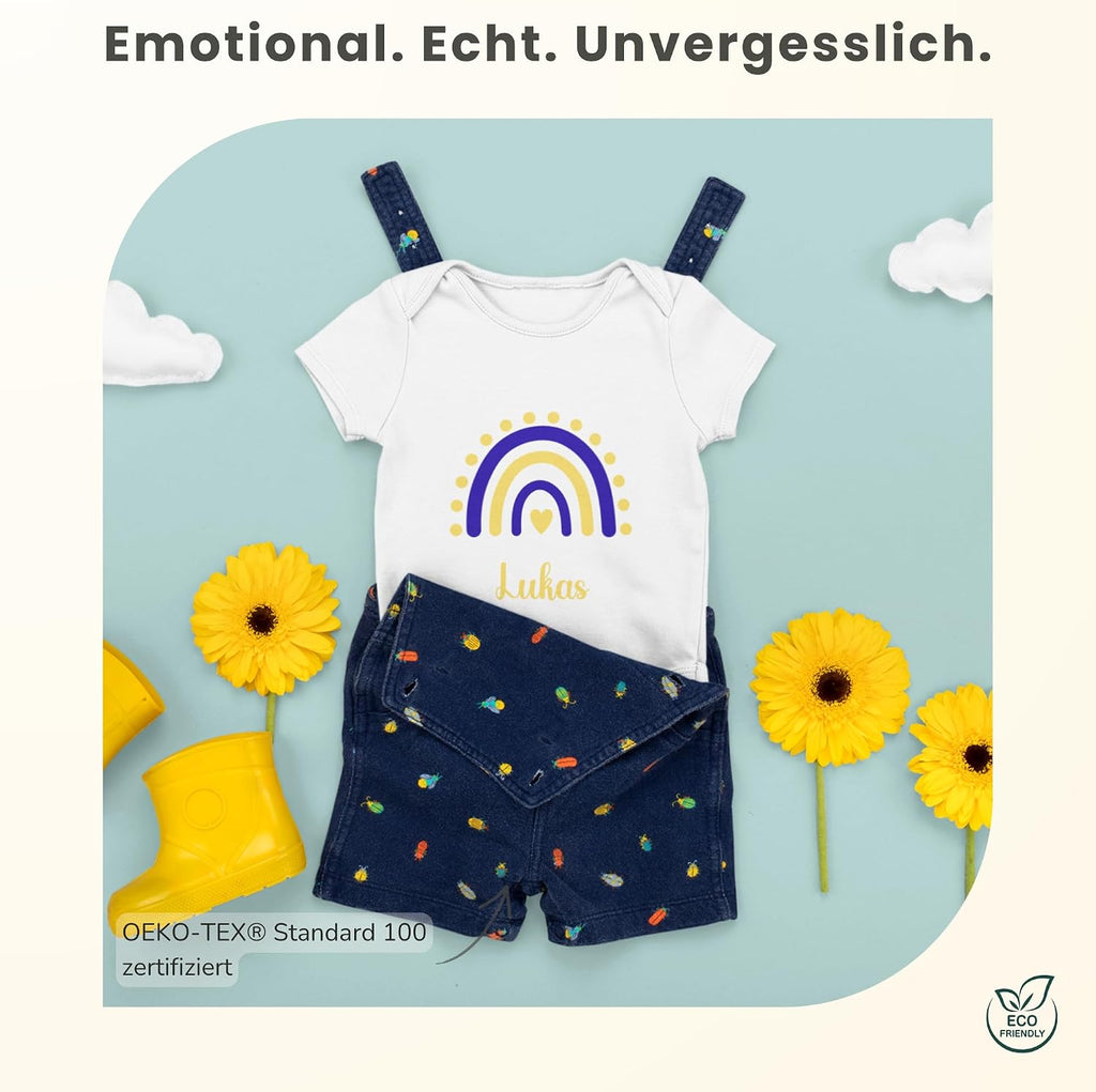Personalisierter Baby Body mit Name Kurzarm – 100% Bio-Baumwolle OEKO-TEX – Boho Regenbogen Schwangerschaftsverkündung & Geschenk zur Geburt – Veredelt in Deutschland