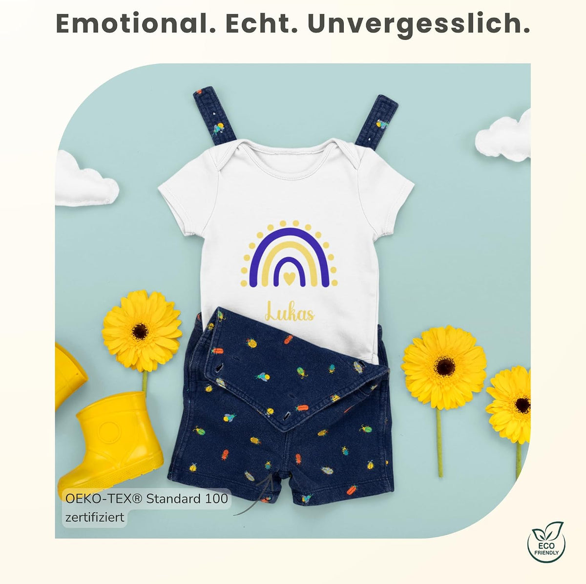 Personalisierter Baby Body mit Name Kurzarm – 100% Bio-Baumwolle OEKO-TEX – Boho Regenbogen Schwangerschaftsverkündung & Geschenk zur Geburt – Veredelt in Deutschland
