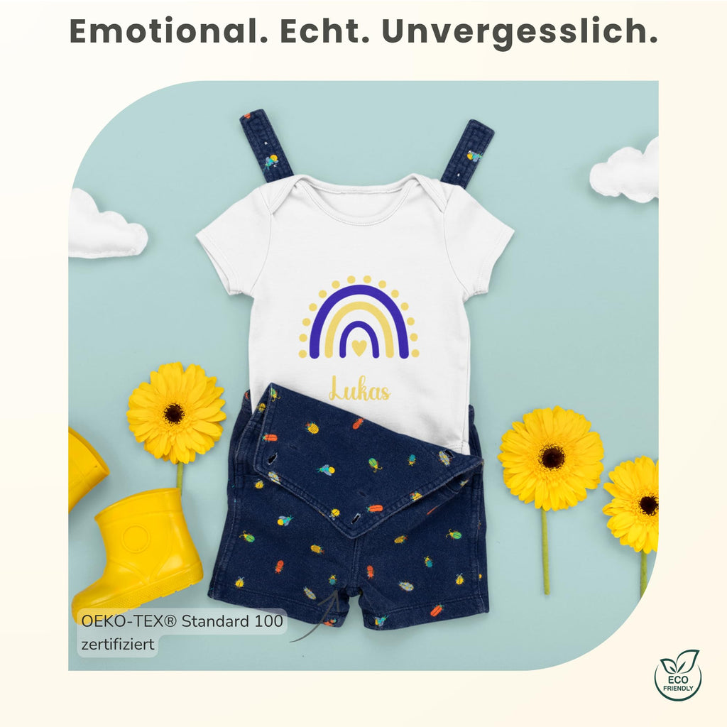 Personalisierter Baby Body mit Name Kurzarm – 100% Bio-Baumwolle OEKO-TEX – Boho Regenbogen Schwangerschaftsverkündung & Geschenk zur Geburt – Veredelt in Deutschland