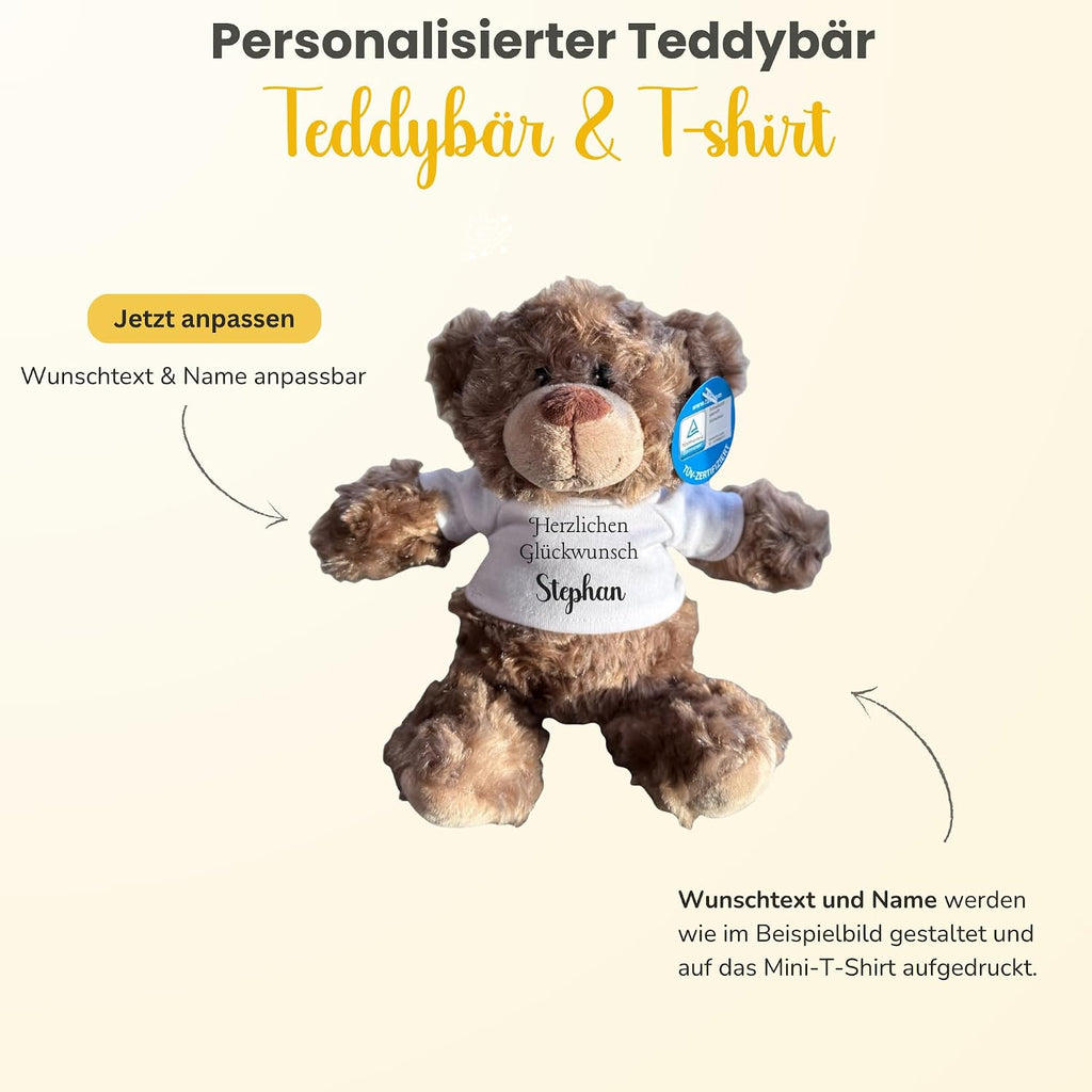 Personalisiertes Kuscheltier Teddybär mit bedrucktem Mini-T-Shirt – Eigenes Foto (nur weißes Shirt) oder Wunschtext – TÜV & EN 71 geprüft, Geschenk Geburt & Taufe (Weiß, S (ca. 18/26 cm))