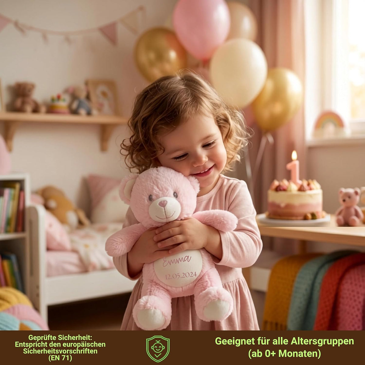 Personalisiertes Kuscheltier Teddybär mit Wunschtext – Rosa – Geschenk zur Geburt, Babyparty & Taufe – EN71 Geprüftes Plüschtier ab 0 Monaten