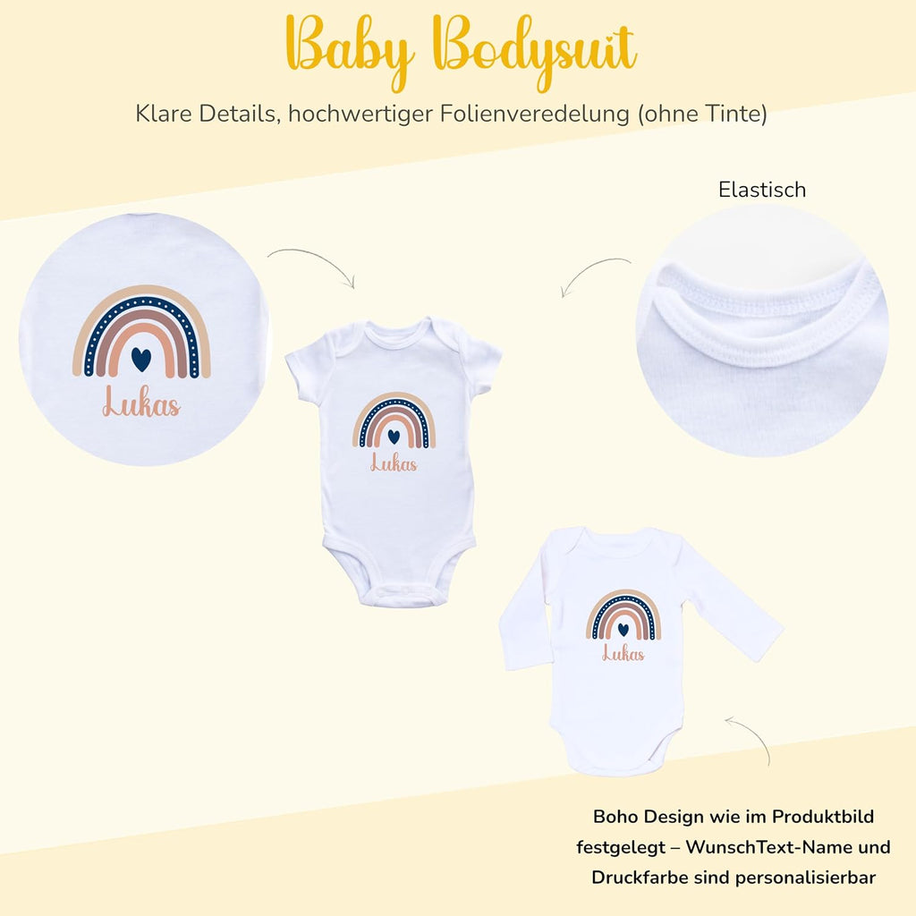 Baby Body personalisiert mit Name – Boho Regenbogen – Schwangerschaft& Baby Ankündigung–Geschenk zur Geburt,Folienveredelung ohne Tinte