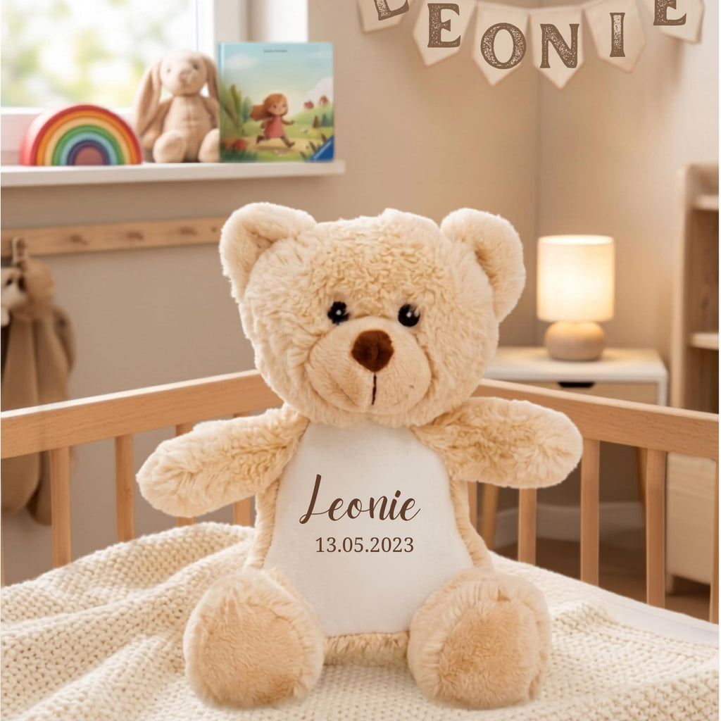 Personalisiertes Kuscheltier Teddybär mit Wunschtext – Rosa – Geschenk zur Geburt, Babyparty & Taufe – EN71 Geprüftes Plüschtier ab 0 Monaten