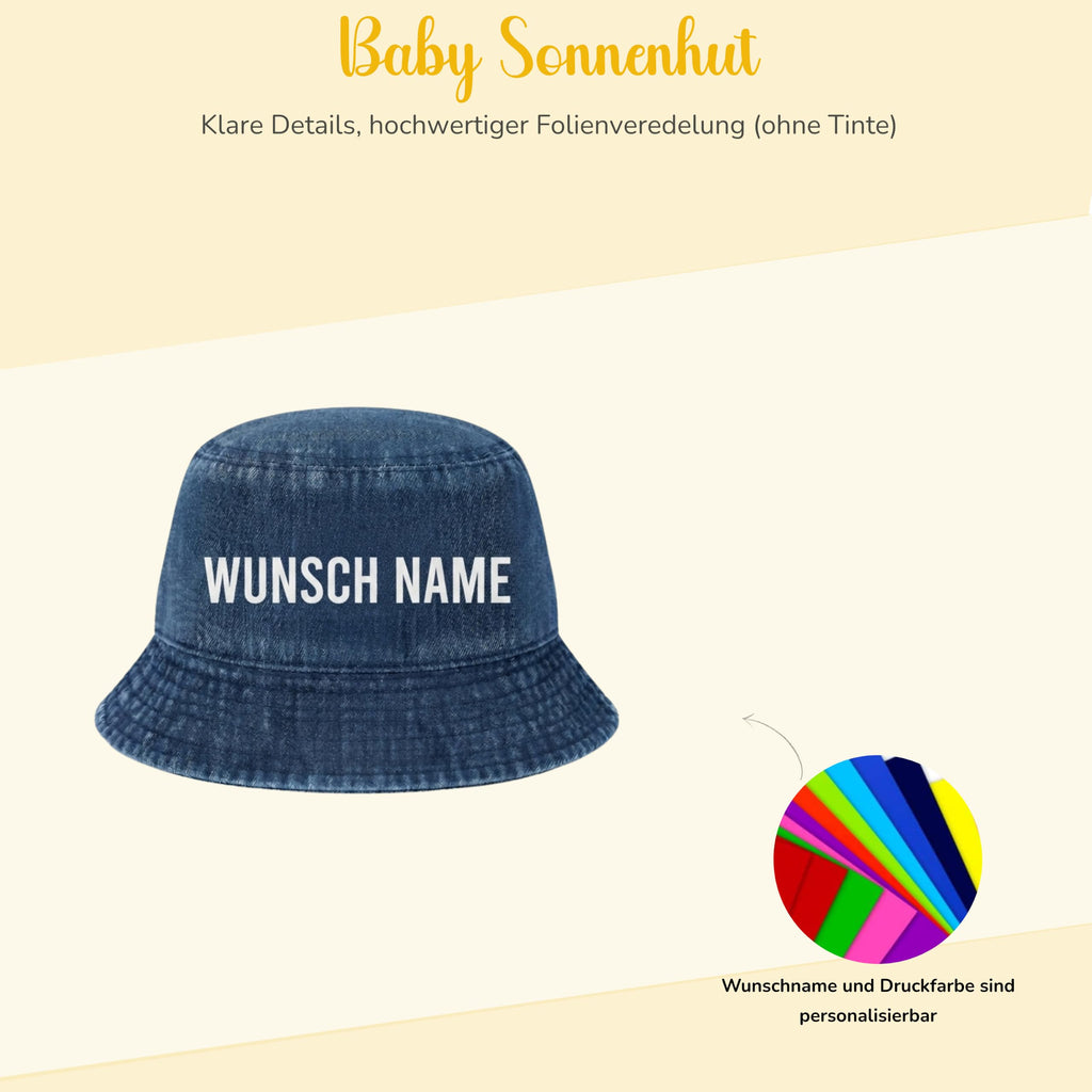 Baby Sonnenhut Personalisiert mit Wunschname- UPF 50+– 100% Bio-Baumwolle Denim Fischerhut, Atmungsaktiv (48-50 cm) Jeans-Fischerhut