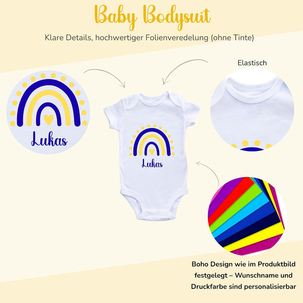 Personalisierter Baby Body mit Name Kurzarm – 100% Bio-Baumwolle OEKO-TEX – Boho Regenbogen Schwangerschaftsverkündung & Geschenk zur Geburt – Veredelt in Deutschland