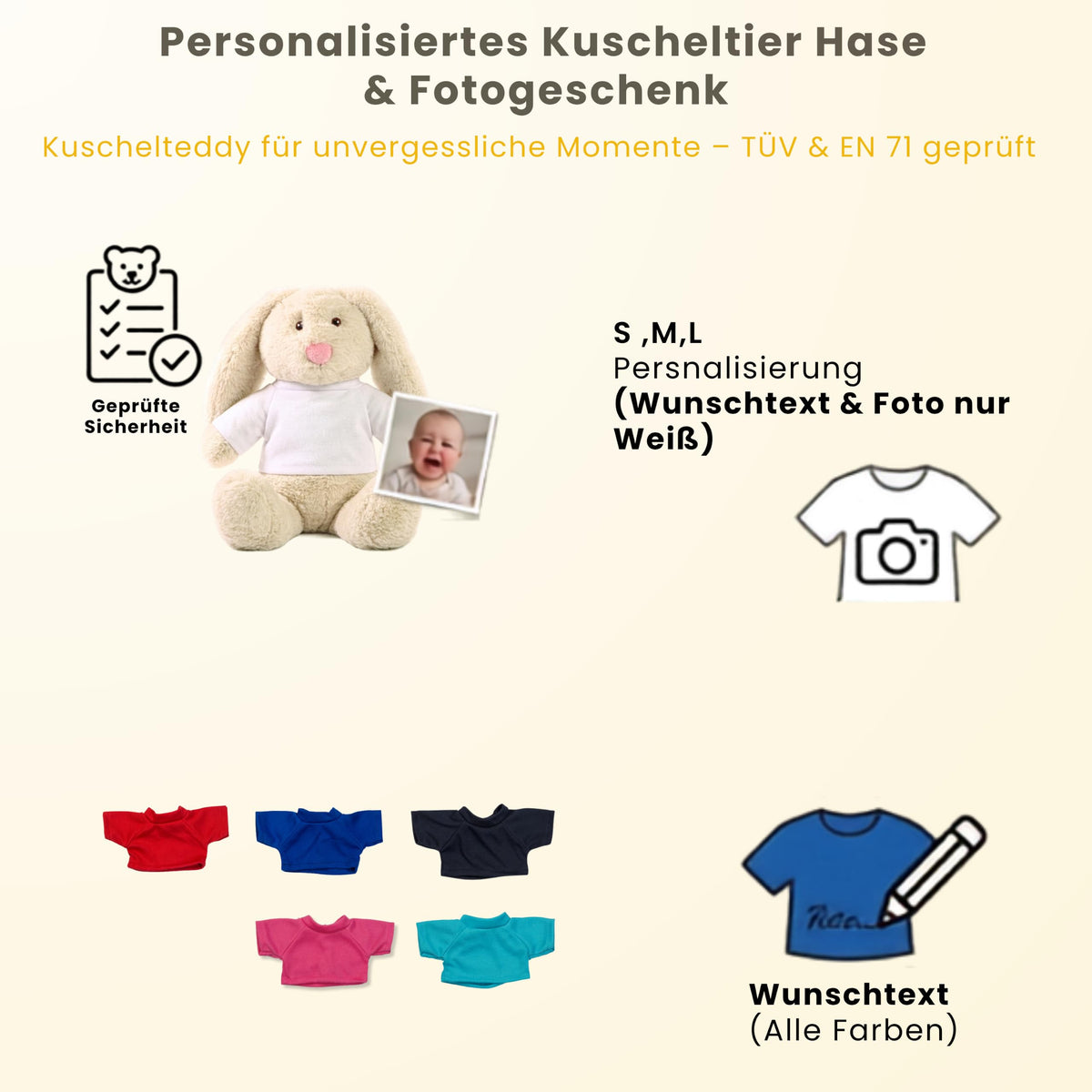 Personalisiertes Kuscheltier Hase Creme, French Navy