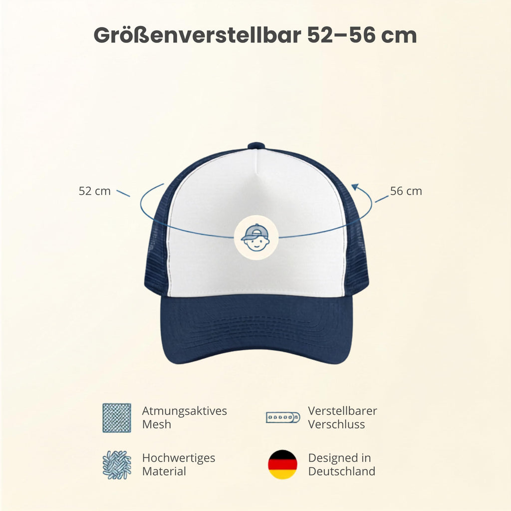 Personalisierte Kinder Trucker Cap mit Wunschname – 5-Panel Baumwoll-Mütze mit Netz & Retro Snapback (ca. 52–56 cm)