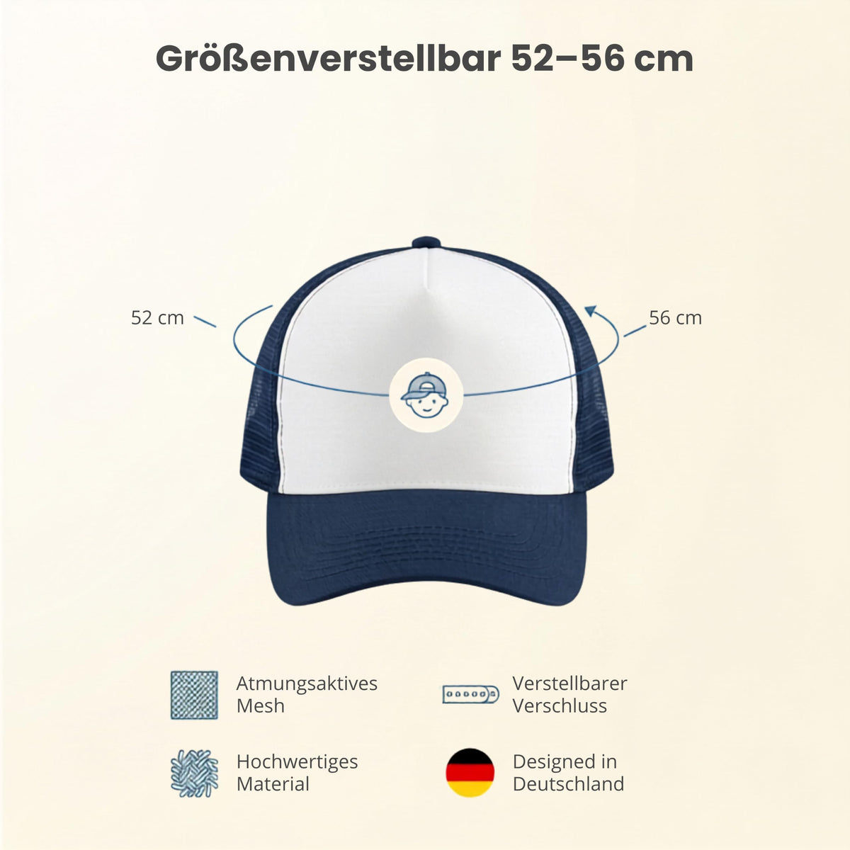 Personalisierte Kinder Trucker Cap mit Wunschname – 5-Panel Baumwoll-Mütze mit Netz & Retro Snapback (ca. 52–56 cm)