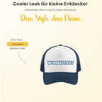 Personalisierte Kinder Trucker Cap mit Wunschname – 5-Panel Baumwoll-Mütze mit Netz & Retro Snapback (ca. 52–56 cm)