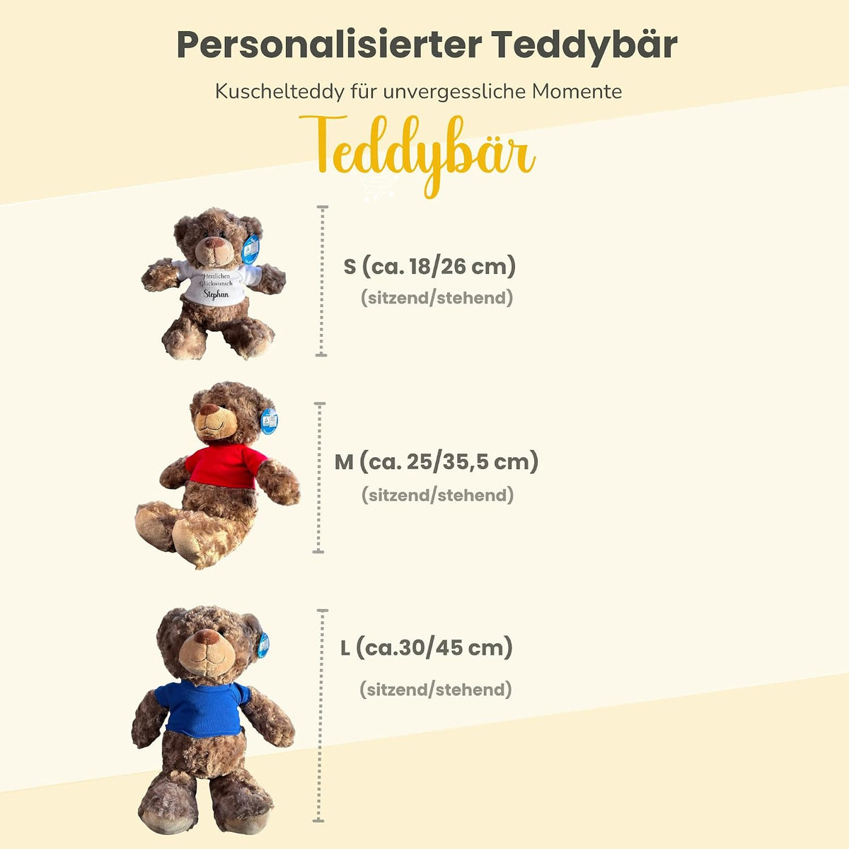 Personalisiertes Kuscheltier Teddybär mit bedrucktem Mini-T-Shirt – Eigenes Foto (nur weißes Shirt) oder Wunschtext – TÜV & EN 71 geprüft, Geschenk Geburt & Taufe (Weiß, S (ca. 18/26 cm))