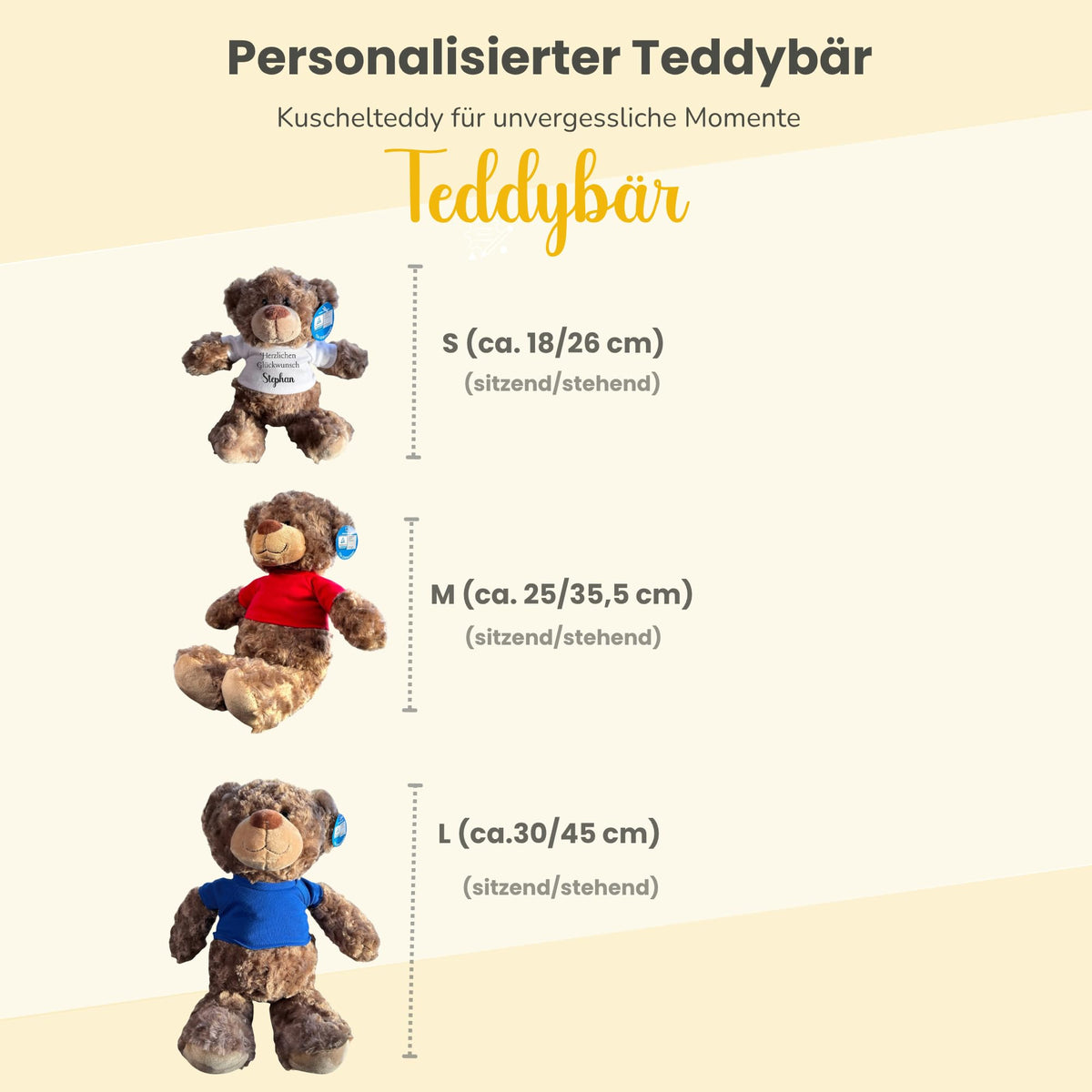 Personalisiertes Kuscheltier Teddybär mit bedrucktem Mini-T-Shirt – Eigenes Foto (nur weißes Shirt) oder Wunschtext – TÜV & EN 71 geprüft, Geschenk Geburt & Taufe (Weiß, S (ca. 18/26 cm))