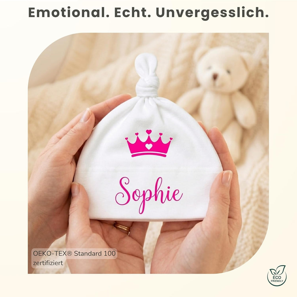Baby mütze mit Namen Personalisiert babymütze – Knotenmütze für Neugeborene (0–9 Monate / 19 cm) aus Bio-Baumwolle| Geschenk zur Geburt | Für Mädchen & Jungen