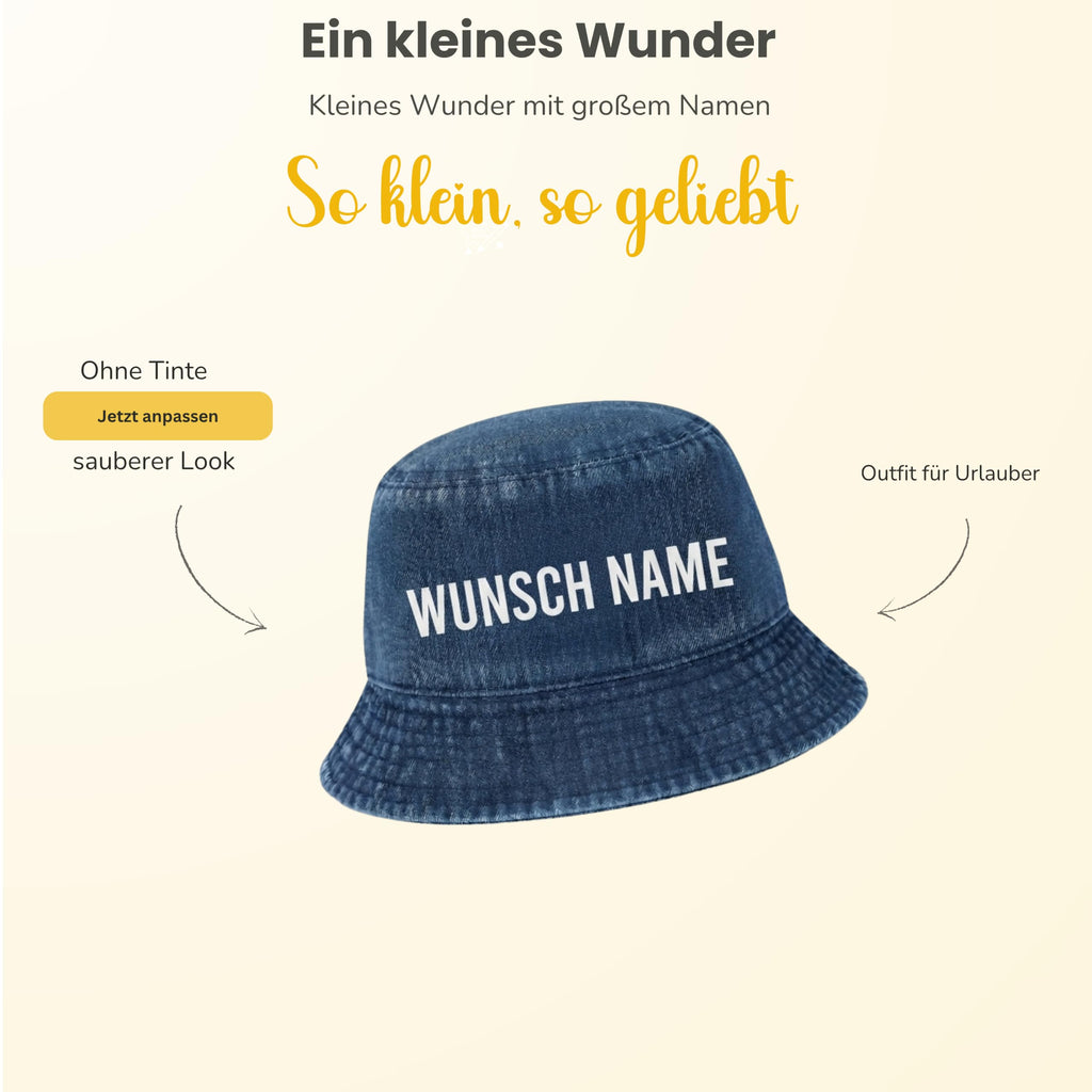 Baby Sonnenhut Personalisiert mit Wunschname- UPF 50+– 100% Bio-Baumwolle Denim Fischerhut, Atmungsaktiv (48-50 cm) Jeans-Fischerhut