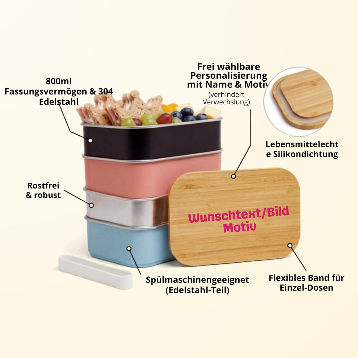 Personalisierte Brotdose Kinder mit Name & Motiv – 800ml Edelstahl Lunchbox mit Bambusdeckel (18x11x6,4 cm) – Auslaufsicher – Vesperdose Kindergarten & Schule (Hellrosa, Wunschtext/Bild)