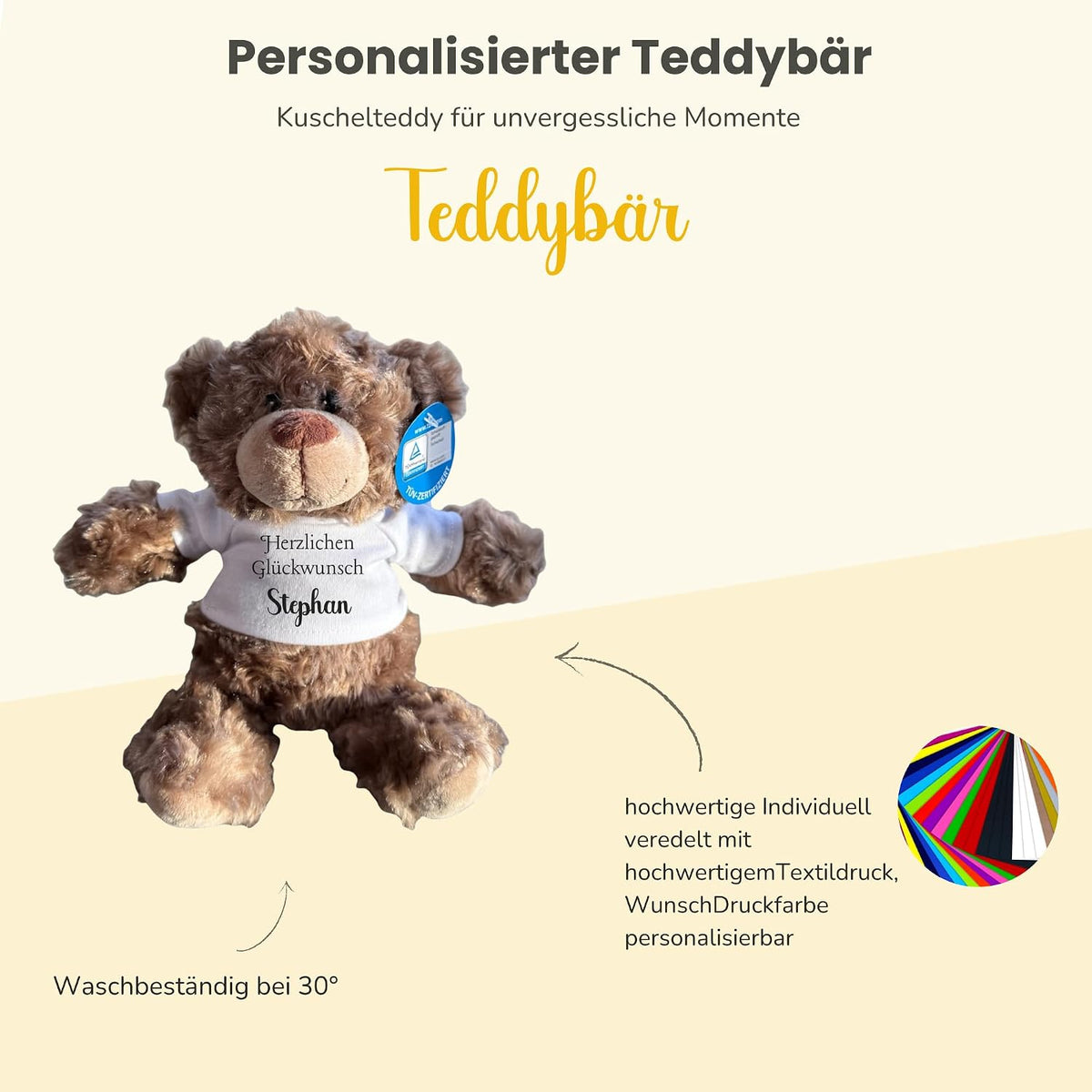 Personalisiertes Kuscheltier Teddybär mit bedrucktem Mini-T-Shirt – Eigenes Foto (nur weißes Shirt) oder Wunschtext – TÜV & EN 71 geprüft, Geschenk Geburt & Taufe (Weiß, S (ca. 18/26 cm))