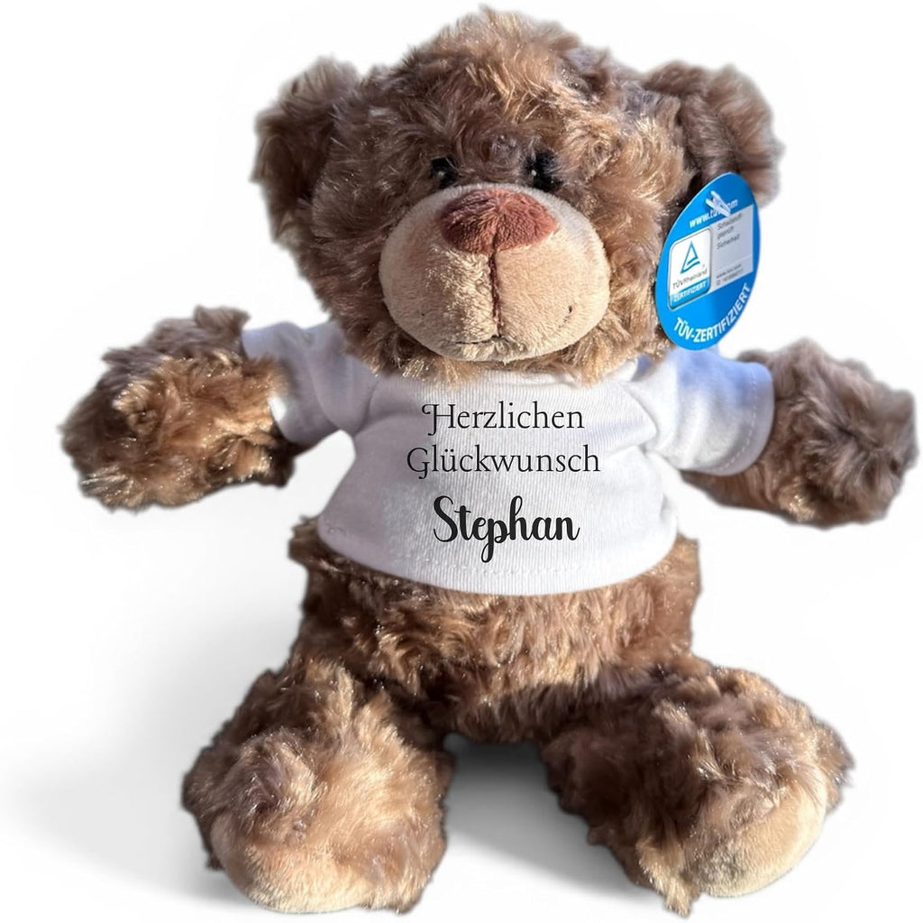 Personalisiertes Kuscheltier Teddybär mit bedrucktem Mini-T-Shirt – Eigenes Foto (nur weißes Shirt) oder Wunschtext – TÜV & EN 71 geprüft, Geschenk Geburt & Taufe (Weiß, S (ca. 18/26 cm))