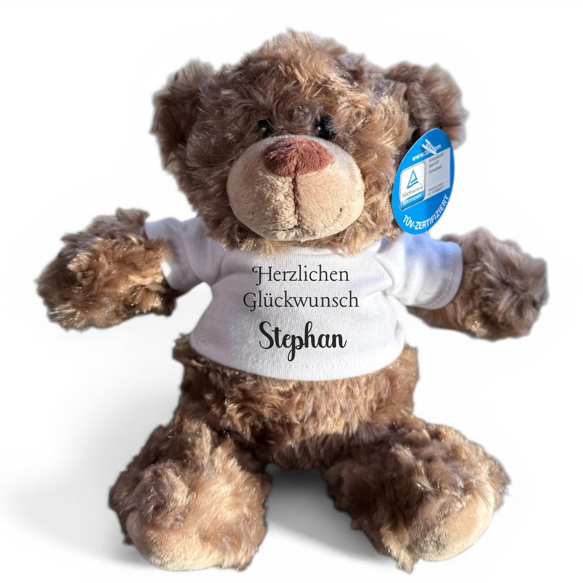Personalisiertes Kuscheltier Teddybär mit bedrucktem Mini-T-Shirt – Eigenes Foto (nur weißes Shirt) oder Wunschtext – TÜV & EN 71 geprüft, Geschenk Geburt & Taufe (Weiß, S (ca. 18/26 cm))
