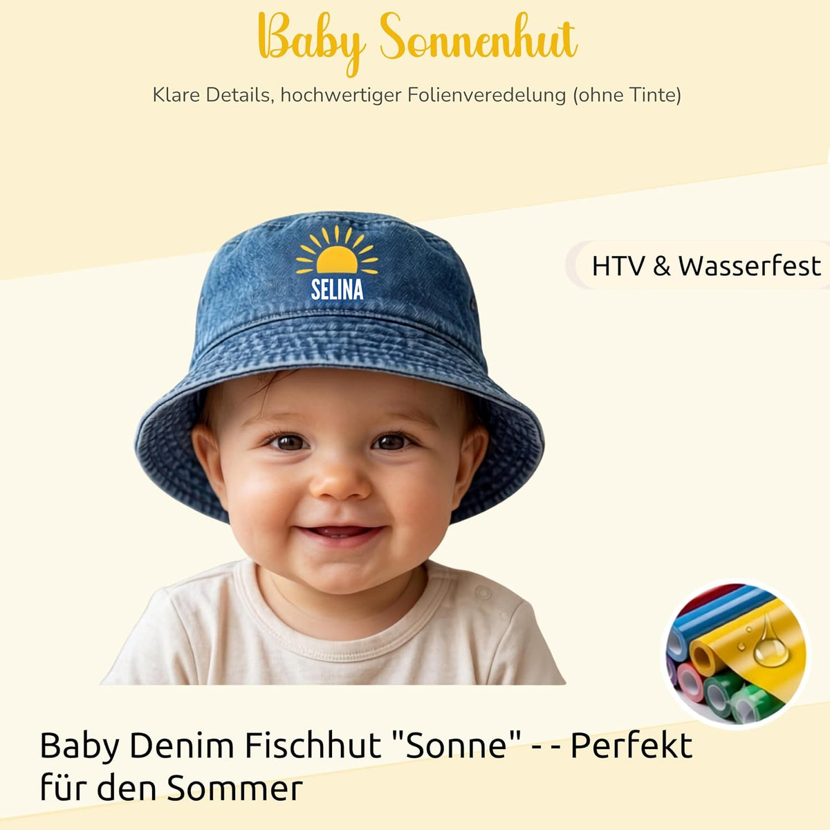 Baby Sonnenhut Personalisiert mit Wunschname- UPF 50+– 100% Bio-Baumwolle Denim Fischerhut, Atmungsaktiv (48-50 cm) Jeans-Fischerhut