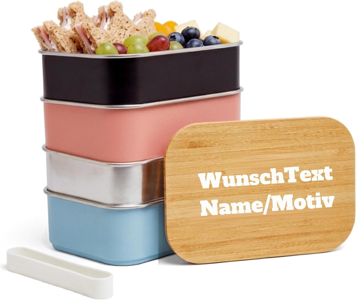 Personalisierte Brotdose Kinder mit Name & Motiv – 800ml Edelstahl Lunchbox mit Bambusdeckel (18x11x6,4 cm) – Auslaufsicher – Vesperdose Kindergarten & Schule (Hellrosa, Wunschtext/Bild)