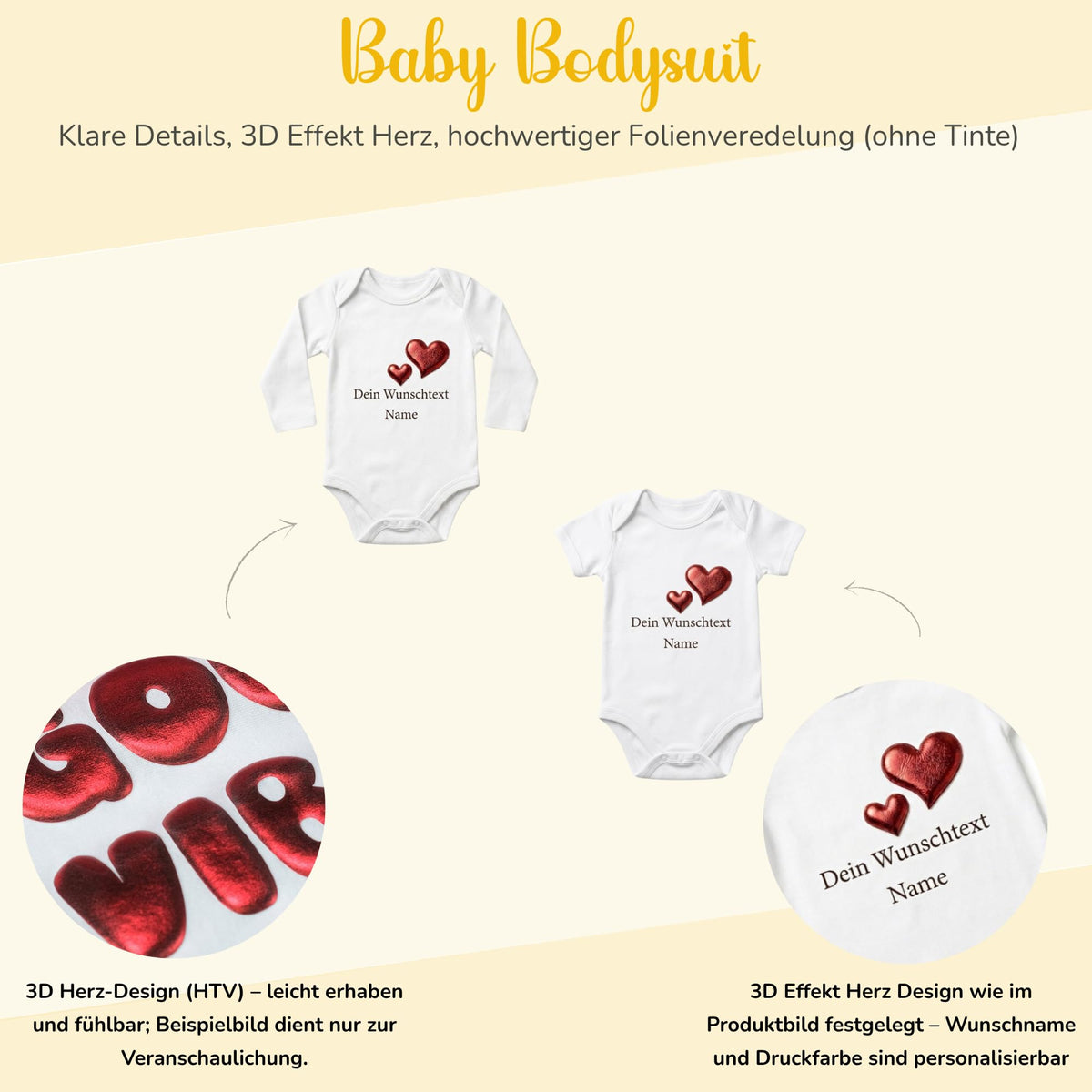 Baby body Strampler selbst gestalten personalisiert mit Namen – 3D Puff Herz aus Bio-Baumwolle –Geschenk zur Geburt, Babyshower & Taufe, Unisex