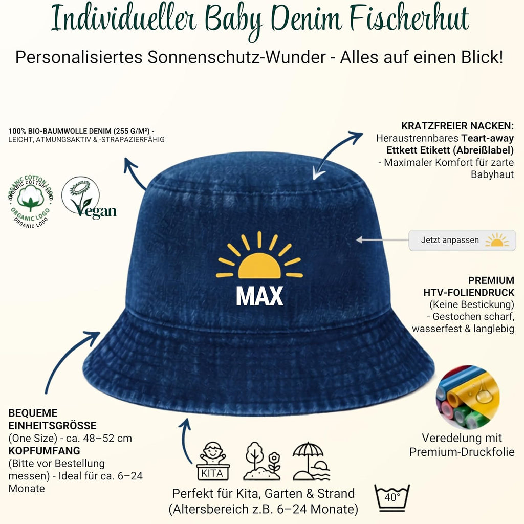 Baby Sonnenhut Personalisiert mit Wunschname- UPF 50+– 100% Bio-Baumwolle Denim Fischerhut, Atmungsaktiv (48-50 cm) Jeans-Fischerhut